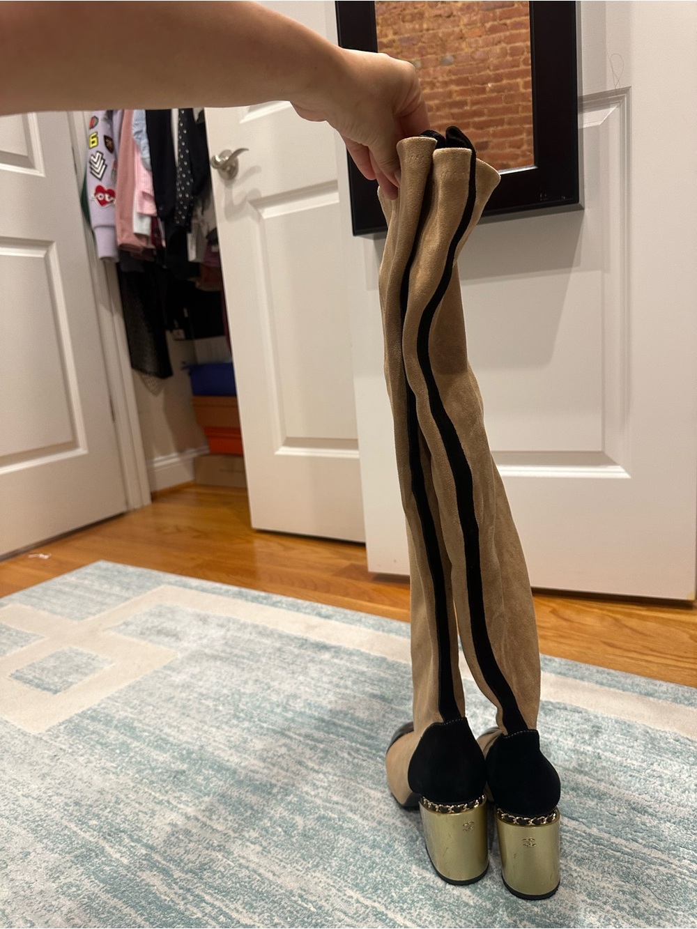 CHANEL Tan Suede Over-the-Knee Boots with Black Accents and Gold Block Heel - Picture 15 of 16